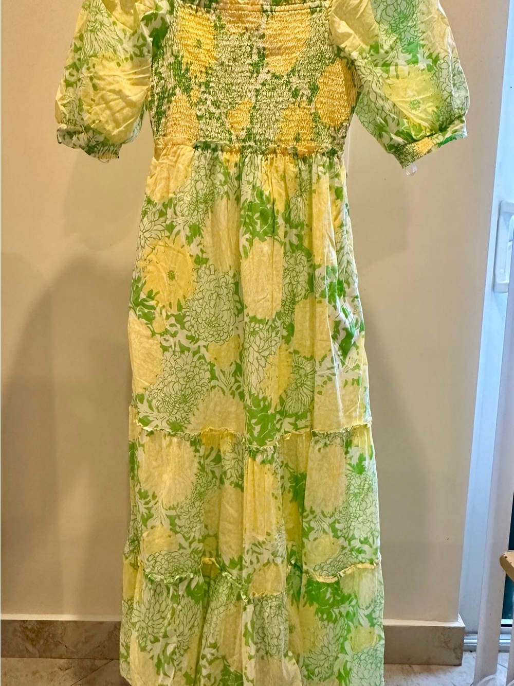Lilly Pulitzer Hadly Smocked Maxi Dress S Mum Patch Yellow Green Floral
